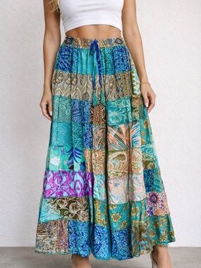 100% Art Silk Patchwork Boho Maxi Skirt Teal, Turquoise, Peach, Purple and Gold